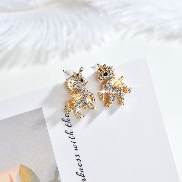 Any 2/$20! Gold Crystal Pave Unicorn Stud Earrings - Picture 2 of 8